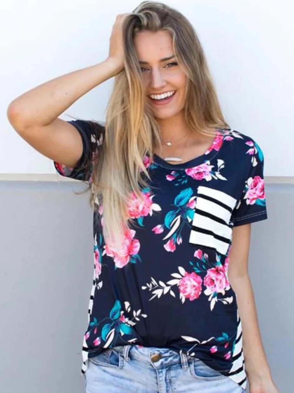 Merokeety Floral Print‎ Stripe Tee Size Small